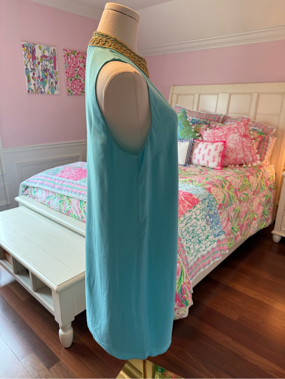 Lilly Pulitzer Turquoise Dress with Gold Embellished Bib - Picture 5 of 6